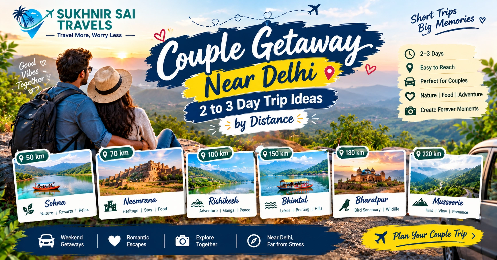 Couple getaway near Delhi – 2 to 3 day trip ideas by distance